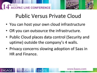 Public Versus Private Cloud You can host your own cloud infrastructure OR you can outsource the infrastructure. Public Cloud places data control (Security and uptime) outside the company’s 4 walls. Privacy concerns slowing adoption of Saas in HR and Finance. 