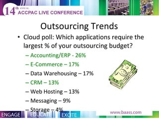 Outsourcing Trends Cloud poll: Which applications require the largest % of your outsourcing budget? Accounting/ERP - 26% E-Commerce – 17% Data Warehousing – 17% CRM – 13% Web Hosting – 13% Messaging – 9% Storage – 4% 