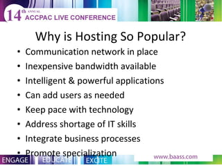 Why is Hosting So Popular? Communication network in place Inexpensive bandwidth available Intelligent & powerful applications Can add users as needed Keep pace with technology Address shortage of IT skills Integrate business processes Promote specialization 