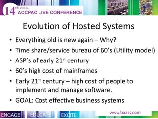 Evolution of Hosted Systems Everything old is new again – Why? Time share/service bureau of 60’s (Utility model) ASP’s of early 21 st  century 60’s high cost of mainframes Early 21 st  century – high cost of people to implement and manage software. GOAL: Cost effective business systems 