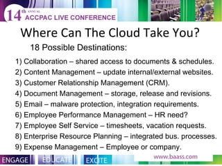 Where Can The Cloud Take You? 18 Possible Destinations: 1) Collaboration – shared access to documents & schedules. 2) Content Management – update internal/external websites. 3) Customer Relationship Management (CRM). 4) Document Management – storage, release and revisions. 5) Email – malware protection, integration requirements. 6) Employee Performance Management – HR need? 7) Employee Self Service – timesheets, vacation requests. 8) Enterprise Resource Planning – integrated bus. processes. 9) Expense Management – Employee or company. 