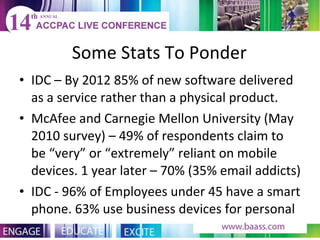 Some Stats To Ponder IDC – By 2012 85% of new software delivered as a service rather than a physical product. McAfee and Carnegie Mellon University (May 2010 survey) – 49% of respondents claim to be “very” or “extremely” reliant on mobile devices. 1 year later – 70% (35% email addicts) IDC - 96% of Employees under 45 have a smart phone. 63% use business devices for personal 