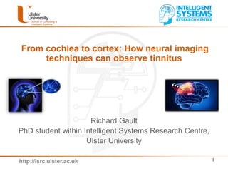 http://isrc.ulster.ac.uk
From cochlea to cortex: How neural imaging
techniques can observe tinnitus
1
Richard Gault
PhD student within Intelligent Systems Research Centre,
Ulster University
 