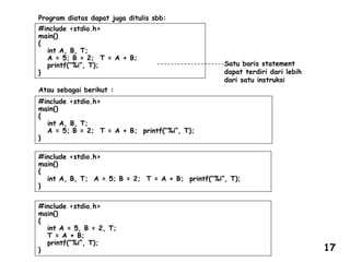 #include <stdio.h>
main()
{
int A, B, T;
A = 5; B = 2; T = A + B;
printf(“%i”, T);
}
Program diatas dapat juga ditulis sbb:
Satu baris statement
dapat terdiri dari lebih
dari satu instruksi
#include <stdio.h>
main()
{
int A, B, T;
A = 5; B = 2; T = A + B; printf(“%i”, T);
}
Atau sebagai berikut :
#include <stdio.h>
main()
{
int A, B, T; A = 5; B = 2; T = A + B; printf(“%i”, T);
}
#include <stdio.h>
main()
{
int A = 5, B = 2, T;
T = A + B;
printf(“%i”, T);
} 17
 