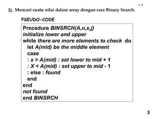 9
1.
2). Mencari suatu nilai dalam array dengan cara Binary Search.
PSEUDO-CODE
Procedure BINSRCH(A,n,x,j)
initialize lower and upper
while there are more elements to check do
let A(mid) be the middle element
case
: x > A(mid) : set lower to mid + 1
: X < A(mid) : set upper to mid - 1
: else : found
end
end
not found
end BINSRCH
3
 