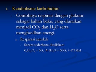 1. Katabolisme karbohidrat
- Contohnya respirasi dengan glukosa
sebagai bahan baku, yang diuraikan
menjadi CO2 dan H2O serta
menghasilkan energi.
a. Respirasi aerobik
- Secara sederhana dituliskan:
C6H12O6 + 6O2  6H2O + 6CO2 + 675 kkal
 