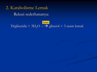 2. Katabolisme Lemak
- Rekasi sederhananya:
Trigliserida + 3H2O --- gliserol + 3 asam lemak
lipase
 