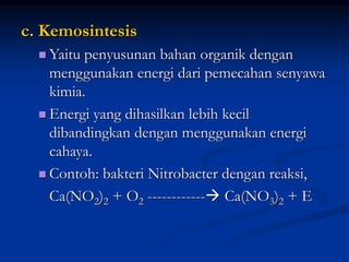 c. Kemosintesis
 Yaitu penyusunan bahan organik dengan
menggunakan energi dari pemecahan senyawa
kimia.
 Energi yang dihasilkan lebih kecil
dibandingkan dengan menggunakan energi
cahaya.
 Contoh: bakteri Nitrobacter dengan reaksi,
Ca(NO2)2 + O2 ------------ Ca(NO3)2 + E
 