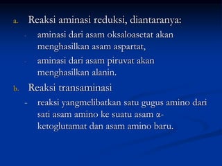 a. Reaksi aminasi reduksi, diantaranya:
- aminasi dari asam oksaloasetat akan
menghasilkan asam aspartat,
- aminasi dari asam piruvat akan
menghasilkan alanin.
b. Reaksi transaminasi
- reaksi yangmelibatkan satu gugus amino dari
sati asam amino ke suatu asam α-
ketoglutamat dan asam amino baru.
 