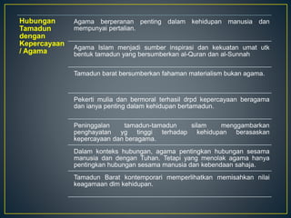 Hubungan
Tamadun
dengan
Kepercayaan
/ Agama
Agama berperanan penting dalam kehidupan manusia dan
mempunyai pertalian.
Agama Islam menjadi sumber inspirasi dan kekuatan umat utk
bentuk tamadun yang bersumberkan al-Quran dan al-Sunnah
Tamadun barat bersumberkan fahaman materialism bukan agama.
Pekerti mulia dan bermoral terhasil drpd kepercayaan beragama
dan ianya penting dalam kehidupan bertamadun.
Peninggalan tamadun-tamadun silam menggambarkan
penghayatan yg tinggi terhadap kehidupan berasaskan
kepercayaan dan beragama.
Dalam konteks hubungan, agama pentingkan hubungan sesama
manusia dan dengan Tuhan. Tetapi yang menolak agama hanya
pentingkan hubungan sesama manusia dan kebendaan sahaja.
Tamadun Barat kontemporari memperlihatkan memisahkan nilai
keagamaan dlm kehidupan.
 