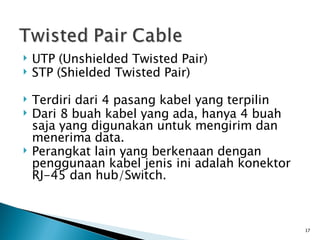 UTP (Unshielded Twisted Pair) STP (Shielded Twisted Pair) Terdiri dari 4 pasang kabel yang terpilin Dari 8 buah kabel yang ada, hanya 4 buah saja yang digunakan untuk mengirim dan menerima data. Perangkat lain yang berkenaan dengan penggunaan kabel jenis ini adalah konektor RJ-45 dan hub/Switch. 