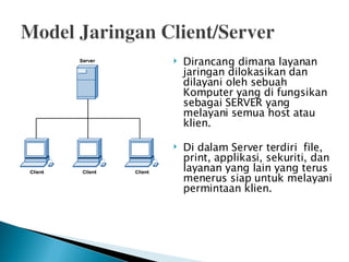 Dirancang dimana layanan jaringan dilokasikan dan dilayani oleh sebuah Komputer yang di fungsikan sebagai SERVER yang melayani semua host atau klien.  Di dalam Server terdiri  file, print, applikasi, sekuriti, dan  layanan yang lain yang terus menerus siap untuk melayani permintaan klien. 