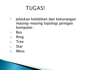 Jelaskan kelebihan dan kekurangan masing-masing topologi jaringan komputer : Bus Ring Tree Star Mess 