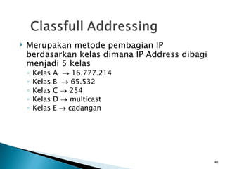 Merupakan metode pembagian IP berdasarkan kelas dimana IP Address dibagi menjadi 5 kelas Kelas A    16.777.214 Kelas B    65.532 Kelas C    254 Kelas D    multicast Kelas E    cadangan 