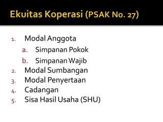 1. Modal Anggota 
a. Simpanan Pokok 
b. SimpananWajib 
2. Modal Sumbangan 
3. Modal Penyertaan 
4. Cadangan 
5. Sisa Hasil Usaha (SHU) 
 