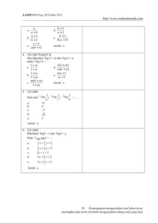 LATIH UN Prog. IPA Edisi 2011

http://www.soalmatematik.com
b +1
a +1
b +1
e.
b( a +1)

a
a +b
a +1
b.
b +1
a +1
c.
a (b +1)
a.

d.

Jawab : c

4. UN 2007 PAKET B
Jika diketahui 3log 5 = m dan 7log 5 = n,
maka 35log 15 = …
n(1 + m )
1+m
a.
d.
m(1 + n)
1+n
1+n
mn +1
b.
e.
1+m
m +1
m(1 + n)
c.
Jawab : c
1+m
5. UN 2005
r
Nilai dari log

a.
b.
c.
d.
e.

1
p

5

⋅ q log

1
r

3

⋅ p log

1
=…
q

15
5
–3
1
15

5

Jawab : a
6. UN 2004
Diketahui 2log5 = x dan 2log3 = y.
Nilai

2

3

log 300 4 = …

a.

2
3

x+3 y+3
4
2

b.
c.
d.

3
2

x+ 3 y+2
2

2x + y + 2
2x + 3 y + 3
4
2

e.

2x + 3 y + 2
2

Jawab : a

10 Kemampuan mengerjakan soal akan terus
meningkat jika terus berlatih mengerjakan ulang soal yang lalu

 