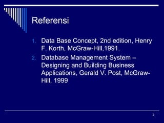 Referensi Data Base Concept, 2nd edition, Henry F. Korth, McGraw-Hill,1991. Database Management System – Designing and Building Business Applications, Gerald V. Post, McGraw-Hill, 1999  