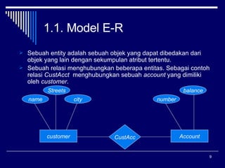 1.1. Model E-R Sebuah entity adalah sebuah objek yang dapat dibedakan dari objek yang lain dengan sekumpulan atribut tertentu. Sebuah relasi menghubungkan beberapa entitas. Sebagai contoh relasi  CustAcct  menghubungkan sebuah  account  yang dimiliki oleh  customer . name Streets city customer CustAcc number balance Account 