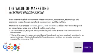 THE VALUE OF MARKETING
MARKETING DECISION MAKING
In an Internet-fueled environment where consumers, competition, technolog...