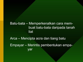 Batu-bata – Memperkenalkan cara mem-   buat batu-bata daripada tanah    liat Arca – Mencipta acra dan tiang batu Empayar – Merintis pembentukan empa-    yar  