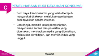 PRAKARYA
PEMELIHARAAN BUDI DAYA IKAN KONSUMSI
C
• Budi daya ikan konsumsi yang telah ditempuh
masyarakat dilakukan melalui pengembangan
budi daya ikan secara instensif.
• Contohnya, memilih lokasi pemeliharaan,
menyediakan sarana dan peralatan yang
digunakan, menyiapkan media yang dibutuhkan,
melakukan pembibitan, dan memilih induk yang
unggul.
 