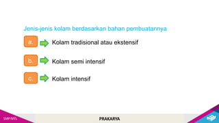 PRAKARYA
Jenis-jenis kolam berdasarkan bahan pembuatannya
a. Kolam tradisional atau ekstensif
b. Kolam semi intensif
c. Kolam intensif
 