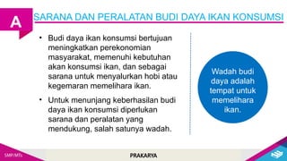 PRAKARYA
SARANA DAN PERALATAN BUDI DAYA IKAN KONSUMSI
A
Wadah budi
daya adalah
tempat untuk
memelihara
ikan.
• Budi daya ikan konsumsi bertujuan
meningkatkan perekonomian
masyarakat, memenuhi kebutuhan
akan konsumsi ikan, dan sebagai
sarana untuk menyalurkan hobi atau
kegemaran memelihara ikan.
• Untuk menunjang keberhasilan budi
daya ikan konsumsi diperlukan
sarana dan peralatan yang
mendukung, salah satunya wadah.
 