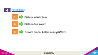 PRAKARYA
Pembibitan
4
a. Sistem satu kolam
b. Sistem dua kolam
c. Sistem empat kolam atau platform
 