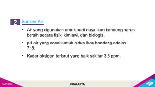 PRAKARYA
Sumber Air
2
• Air yang digunakan untuk budi daya ikan bandeng harus
bersih secara fisik, kimiawi, dan biologis.
• pH air yang cocok untuk hidup ikan bandeng adalah
7−8.
• Kadar oksigen terlarut yang baik sekitar 3,5 ppm.
 