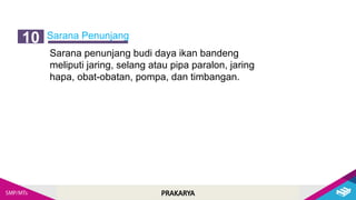 PRAKARYA
Sarana Penunjang
10
Sarana penunjang budi daya ikan bandeng
meliputi jaring, selang atau pipa paralon, jaring
hapa, obat-obatan, pompa, dan timbangan.
 