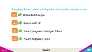 PRAKARYA
Jenis-jenis kolam untuk budi daya ikan berdasarkan sumber airnya
a. Kolam tadah hujan
b. Kolam mata air
c. Kolam pengairan setengah teknis
d. Kolam pengairan teknis
 