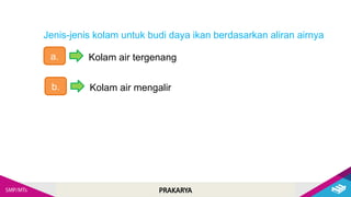 PRAKARYA
Jenis-jenis kolam untuk budi daya ikan berdasarkan aliran airnya
a. Kolam air tergenang
b. Kolam air mengalir
 