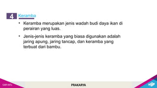 PRAKARYA
Keramba
4
• Keramba merupakan jenis wadah budi daya ikan di
perairan yang luas.
• Jenis-jenis keramba yang biasa digunakan adalah
jaring apung, jaring tancap, dan keramba yang
terbuat dari bambu.
 