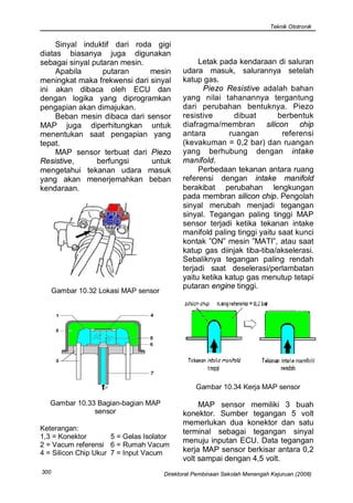 Teknik Ototronik


     Sinyal induktif dari roda gigi
diatas biasanya juga digunakan
sebagai sinyal putaran mesin.                     Letak pada kendaraan di saluran
     Apabila      putaran     mesin          udara masuk, salurannya setelah
meningkat maka frekwensi dari sinyal         katup gas.
ini akan dibaca oleh ECU dan                       Piezo Resistive adalah bahan
dengan logika yang diprogramkan              yang nilai tahanannya tergantung
pengapian akan dimajukan.                    dari perubahan bentuknya. Piezo
     Beban mesin dibaca dari sensor          resistive      dibuat        berbentuk
MAP juga diperhitungkan untuk                diafragma/membran silicon chip
menentukan saat pengapian yang               antara        ruangan         referensi
tepat.                                       (kevakuman = 0,2 bar) dan ruangan
     MAP sensor terbuat dari Piezo           yang berhubung dengan intake
Resistive,      berfungsi     untuk          manifold.
mengetahui tekanan udara masuk                    Perbedaan tekanan antara ruang
yang akan menerjemahkan beban                referensi dengan intake manifold
kendaraan.                                   berakibat perubahan lengkungan
                                             pada membran silicon chip. Pengolah
                                             sinyal merubah menjadi tegangan
                                             sinyal. Tegangan paling tinggi MAP
                                             sensor terjadi ketika tekanan intake
                                             manifold paling tinggi yaitu saat kunci
                                             kontak ”ON” mesin ”MATI”, atau saat
                                             katup gas diinjak tiba-tiba/akselerasi.
                                             Sebaliknya tegangan paling rendah
                                             terjadi saat deselerasi/perlambatan
                                             yaitu ketika katup gas menutup tetapi
                                             putaran engine tinggi.
      Gambar 10.32 Lokasi MAP sensor




                                                  Gambar 10.34 Kerja MAP sensor

   Gambar 10.33 Bagian-bagian MAP                 MAP sensor memiliki 3 buah
               sensor                        konektor. Sumber tegangan 5 volt
                                             memerlukan dua konektor dan satu
Keterangan:                                  terminal sebagai tegangan sinyal
1,3 = Konektor        5 = Gelas Isolator
                                             menuju inputan ECU. Data tegangan
2 = Vacum referensi 6 = Rumah Vacum
4 = Silicon Chip Ukur 7 = Input Vacum        kerja MAP sensor berkisar antara 0,2
                                             volt sampai dengan 4,5 volt.
300                                    Direktorat Pembinaan Sekolah Menengah Kejuruan (2008)
 