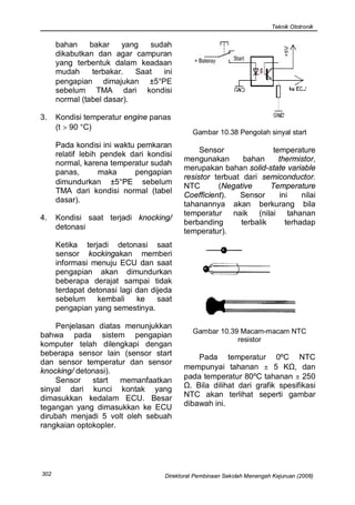 Teknik Ototronik


      bahan     bakar    yang  sudah
      dikabutkan dan agar campuran
      yang terbentuk dalam keadaan
      mudah      terbakar.  Saat  ini
      pengapian dimajukan ±5°PE
      sebelum TMA dari kondisi
      normal (tabel dasar).

3.    Kondisi temperatur engine panas
      (t > 90 °C)
                                              Gambar 10.38 Pengolah sinyal start
      Pada kondisi ini waktu pemkaran
                                                Sensor               temperature
      relatif lebih pendek dari kondisi
                                           mengunakan       bahan      thermistor,
      normal, karena temperatur sudah
                                           merupakan bahan solid-state variable
      panas,       maka     pengapian
                                           resistor terbuat dari semiconductor.
      dimundurkan ±5°PE sebelum
                                           NTC       (Negative      Temperature
      TMA dari kondisi normal (tabel
                                           Coefficient).   Sensor      ini    nilai
      dasar).
                                           tahanannya akan berkurang bila
                                           temperatur naik (nilai tahanan
4.    Kondisi saat terjadi knocking/
                                           berbanding      terbalik      terhadap
      detonasi
                                           temperatur).
      Ketika terjadi detonasi saat
      sensor kockingakan memberi
      informasi menuju ECU dan saat
      pengapian akan dimundurkan
      beberapa derajat sampai tidak
      terdapat detonasi lagi dan dijeda
      sebelum     kembali    ke    saat
      pengapian yang semestinya.

    Penjelasan diatas menunjukkan
                                              Gambar 10.39 Macam-macam NTC
bahwa pada sistem pengapian
                                                          resistor
komputer telah dilengkapi dengan
beberapa sensor lain (sensor start             Pada temperatur 0ºC NTC
dan sensor temperatur dan sensor
                                           mempunyai tahanan ± 5 KΩ, dan
knocking/ detonasi).
    Sensor    start   memanfaatkan         pada temperatur 80ºC tahanan ± 250
sinyal dari kunci kontak yang              Ω. Bila dilihat dari grafik spesifikasi
dimasukkan kedalam ECU. Besar              NTC akan terlihat seperti gambar
tegangan yang dimasukkan ke ECU            dibawah ini.
dirubah menjadi 5 volt oleh sebuah
rangkaian optokopler.




302                                  Direktorat Pembinaan Sekolah Menengah Kejuruan (2008)
 