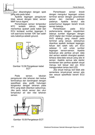 Teknik Ototronik


terukur dibandingkan dengan spek              Pemeriksaan     sensor      knock
yang ada pada tabel.                     dengan mengukur tegangan antara
     Apabila tegangan pengukuran         terminal sensor dengan ground/bodi
tidak sesuai dengan tabel, sensor        sensor     dan    memberi      pukulan
MAP harus diganti.                       padanya. Apabila terukur ada
     Pemeriksaan sensor temperatur       pulsa/muncul tegagan berarti knock
NTC      terlebih   dahulu    dengan     sensor bekerja.
memeriksa apakah pada kabel dari              Pemeriksaan       pada       ECU
ECU terdapat sumber tegangan 5           pertama-tama dengan meyakinkan
volt saat kunci kontak “ON” dan salah    adanya sumber tegangan dengan
satu kabelnya adalah ground.             (AVO digital dan hindari penggunaan
                                         AVO analog) yang masuk pada
                                         terminal yang sesuai, selanjutnya
                                         diperiksa apakah terdapat tegangan
                                         keluar dari salah satu pin ECU
                                         sebesar 5 volt untuk sumber
                                         tegangan sensor-sensor. Apabila
                                         keduanya ada periksa pin-pin data
                                         dari sensor setelah dirangkai apakah
                                         terbaca data-data sesuai yang ada di
                                         sensor. Apabila semua ada starter
                                         kendaraan dan periksa apakah sinyal
                                         menuju koil keluar dari pin ECU
  Gambar 10.58 Pengetesan kabel
                                         menggunakan lampu test LED.
              ECT
                                              Jika sinyal menuju koil tidak ada
                                         sementara sinyal-sinyal sensor ada
                                         dan sesuai spesifikasi berarti ECU
    Pada       sensor,      lakukan
                                         rusak.
pengukuran nilai tahanan dari kedua
terminalnya dan bandingkan dengan
spesifikasi atau grafik hubungan
temperatur dengan tahanan pada
NTC yang telah diberikan seblumnya.
Jika perlu rebuh sensor dan ukur
temperatur air dan nilai tahanan
sensor.




  Gambar 10.59 Pengetesan ECT


310                                Direktorat Pembinaan Sekolah Menengah Kejuruan (2008)
 