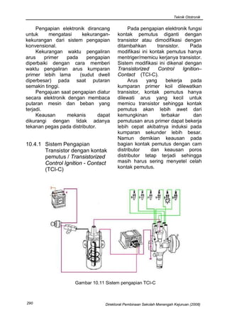 Teknik Ototronik


     Pengapian elektronik dirancang           Pada pengapian elektronik fungsi
untuk      mengatasi    kekurangan-      kontak pemutus diganti dengan
kekurangan dari sistem pengapian         transistor atau dimodifikasi dengan
konvensional.                            ditambahkan       transistor.    Pada
     Kekurangan waktu pengaliran         modifikasi ini kontak pemutus hanya
arus     primer   pada    pengapian      mentriger/memicu kerjanya transistor.
diperbaiki dengan cara memberi           Sistem modifikasi ini dikenal dengan
waktu pengaliran arus kumparan           Transistorized    Control     Ignition–
primer lebih lama      (sudut dwell      Contact (TCI-C).
diperbesar) pada saat putaran                 Arus    yang     bekerja     pada
semakin tinggi.                          kumparan primer koil dilewatkan
     Pengajuan saat pengapian diatur     transistor, kontak pemutus hanya
secara elektronik dengan membaca         dilewati arus yang kecil untuk
putaran mesin dan beban yang             memicu transistor sehingga kontak
terjadi.                                 pemutus akan lebih awet dari
     Keausan      mekanis       dapat    kemungkinan         terbakar        dan
dikurangi dengan tidak adanya            pemutusan arus primer dapat bekerja
tekanan pegas pada distributor.          lebih cepat akibatnya induksi pada
                                         kumparan sekunder lebih besar.
                                         Namun demikian keausan pada
10.4.1 Sistem Pengapian                  bagian kontak pemutus dengan cam
       Transistor dengan kontak          distributor    dan keausan poros
       pemutus / Transistorized          distributor tetap terjadi sehingga
       Control Ignition - Contact        masih harus sering menyetel celah
       (TCI-C)                           kontak pemutus.




                     Gambar 10.11 Sistem pengapian TCI-C



290                                Direktorat Pembinaan Sekolah Menengah Kejuruan (2008)
 