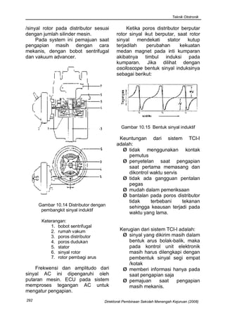 Teknik Ototronik


/sinyal rotor pada distributor sesuai          Ketika poros distributor berputar
dengan jumlah silinder mesin.             rotor sinyal ikut berputar, saat rotor
     Pada system ini pemajuan saat        sinyal     mendekati    stator   kutup
pengapian masih dengan cara               terjadilah    perubahan       kekuatan
mekanis, dengan bobot sentrifugal         medan magnet pada inti kumparan
dan vakuum advancer.                      akibatnya timbul induksi pada
                                          kumparan. Jika dilihat dengan
                                          osciloscope bentuk sinyal induksinya
                                          sebagai berikut:




                                             Gambar 10.15 Bentuk sinyal induktif

                                           Keuntungan dari sistem TCI-I
                                          adalah:
                                            Ø tidak menggunakan kontak
                                               pemutus
                                            Ø penyetelan saat pengapian
                                               saat pertama memasang dan
                                               dikontrol waktu servis
                                            Ø tidak ada gangguan pentalan
                                               pegas
                                            Ø mudah dalam pemeriksaan
                                            Ø bantalan pada poros distributor
                                               tidak     terbebani    tekanan
      Gambar 10.14 Distributor dengan          sehingga keausan terjadi pada
       pembangkit sinyal induktif
                                               waktu yang lama.
       Keterangan:
           1. bobot sentrifugal
           2. rumah vakum                   Kerugian dari sistem TCI-I adalah:
           3. poros distributor              Ø sinyal yang dikirim masih dalam
           4. poros dudukan                     bentuk arus bolak-balik, maka
           5. stator                            pada kontrol unit elektronik
           6. sinyal rotor                      masih harus dilengkapi dengan
           7. rotor pembagi arus                pembentuk sinyal segi empat
                                                /kotak
    Frekwensi dan amplitudo dari             Ø memberi informasi hanya pada
sinyal AC ini dipengaruhi oleh                  saat pengapian saja
putaran mesin. ECU pada sistem               Ø pemajuan       saat   pengapian
memproses tegangan AC untuk                     masih mekanis.
mengatur pengapian.
292                                 Direktorat Pembinaan Sekolah Menengah Kejuruan (2008)
 
