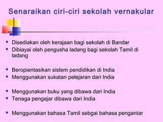 Senaraikan ciri-ciri sekolah vernakular



   Disediakan oleh kerajaan bagi sekolah di Bandar
   Dibiayai oleh pengusha ladang bagi sekolah Tamil di
    ladang

   Beropientasikan sistem pendidikan di India
   Menggunakan sukatan pelejaran dari India

   Menggunakan buku yang dibawa dari India
   Tenaga pengajar dibawa dari India

   Menggunakan bahasa Tamil sebgai bahasa pengantar
 