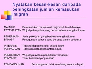 Nyatakan kesan-kesan daripada
      peningkatan jumlah kemasukan
      imigran


MAJMUK     Pembentukan masyarakat majmuk di tanah Melayu
PETEMPATAN Wujud petempatan yang berbeza-beza mengikut kaum

PEKERJAAN     Jenis pekerjaan yang berbeza mengikut kaum
BAHASA        Penggunaan bahasa yang berbeza dalam pertuturan

INTERAKSI Tidak terdapat interaksi antara kaum
PERPADUAN Tidak ada perpaduan antara kaum

PENDIDIKAN    Wujudnya system pendidikan vernacular
PENYAKIT      Taraf kesihatanyang rendah

PEMBANGUNAN          Pembangunan tidak seimbang antara wilayah
 