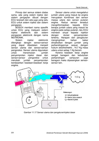 Teknik Ototronik


     Prinsip dari semua sistem diatas            Sensor utama untuk mengetahui
sama, ada yang sistem injeksi dan           jumlah udara yang masuk ke engine
sistem pengapian dibuat dengan              merupakan kombinasi dari sensor
ECU terpisah dan ada juga yang satu         massa udara dan sensor putaran
ECU untuk sistem injeksi dan sistem         engine. Kedua sensor tersebut
pengapian.                                  menginformasikan       kepada    ECU
     BOSCH memberi nama spesifik            berapa jumlah udara yang masuk ke
untuk ECU yang melayani sistem              engine pada setiap putaran, lalu ECU
injeksi    elektronik     dan    sistem     memberi sinyal kepada injektor
pengapian elektronik dengan nama            dengan       durasi     penyemprotan
MOTRONIK.                                   tertentu. Harapan dari pengaturan
     Sistem       injeksi     elektronik    menginginkan         bahan      bakar
dilengkapi dengan sensor-sensor             diinjeksikan dengan jumlah yang
yang dapat dibedakan menjadi                perbandingannya sesuai dengan
sensor utama dan sensor-sensor              hukum stoichiometric , 14,7 Kg masa
pengoreksi. Sensor utama digunakan          udara untuk setiap 1 Kg bensin.
untuk        menentukan          jumlah          Karena keadaan kerja engine
penyemprotan injeksi dasar dan              sangat beragam dan kebutuhan
sensor-sensor       pengoreksi    untuk     perbandingan        campuran     juga
merubah       jumlah      penyemprotan      beragam maka dipasangkan sensor-
berdasarkan keadaan-keadaan kerja           sensor lain.
engine.




             Gambar 11.17 Sensor utama dan pengaturanInjeksi dasar




320                                   Direktorat Pembinaan Sekolah Menengah Kejuruan (2008)
 