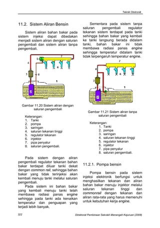 Teknik Ototronik



11.2. Sistem Aliran Bensin                       Sementara pada sistem tanpa
                                            saluran     pengembali      regulator
     Sistem aliran bahan bakar pada         tekanan sistem terdapat pada tanki
sistem injeksi dapat dibedakan              sehingga bahan bakar yang kembali
menjadi sistem aliran dengan saluran        ke tanki langsung berada didalam
pengembali dan sistem aliran tanpa          tanki, bahan bakar ini tidak
pengembali.                                 membawa radiasi panas engine
                                            sehingga temperatur didalam tanki
                                            tidak terpengaruh temperatur engine.




  Gambar 11.20 Sistem aliran dengan
        saluran pengembali
                                                Gambar 11.21 Sistem aliran tanpa
      Keterangan:                                    saluran pengembali
      1. Tanki
      2. pompa                                   Keterangan:
      3. saringan                                      1. Tanki
      4. saluran tekanan tinggi                        2. pompa
      5. regulator tekanan                             3. saringan
      6. injektor                                      4. saluran tekanan tinggi
      7. pipa penyalur                                 5. regulator tekanan
      8. saluran pengembali.                           6. injektor
                                                       7. pipa penyalur
                                                       8. saluran pengembali.
     Pada sistem dengan aliran
pengembali regulator tekanan bahan
bakar terdapat diluar tanki dekat           11.2.1. Pompa bensin
dengan common rail, sehingga bahan
bakar yang tidak terinjeksi akan                 Pompa bensin pada sistem
kembali menuju tanki melalui saluran        injeksi elektronik berfungsi untuk
pengembali.                                 menghasilkan tekanan dan aliran
     Pada sistem ini bahan bakar            bahan bakar menuju injektor melalui
yang kembali menuju tanki telah             saluran      tekanan     tinggi dan
membawa radiasi panas engine                commonrail dengan tekanan dan
sehingga pada tanki ada kenaikan            aliran rata-rata yang harus memenuhi
temperatur dan penguapan yang               untuk kebutuhan kerja engine.
terjadi lebih banyak.

322                                   Direktorat Pembinaan Sekolah Menengah Kejuruan (2008)
 