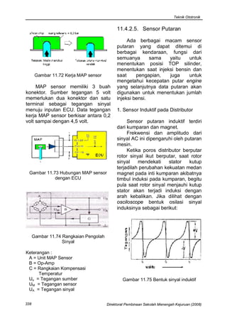 Teknik Ototronik


                                             11.4.2.5. Sensor Putaran

                                                  Ada berbagai macam sensor
                                             putaran yang dapat ditemui di
                                             berbagai kendaraan, fungsi dari
                                             semuanya       sama   yaitu   untuk
                                             menentukan posisi TOP silinder,
                                             menentukan saat injeksi bensin dan
       Gambar 11.72 Kerja MAP sensor         saat     pengapian,   juga    untuk
                                             mengetahui kecepatan putar engine
     MAP sensor memiliki 3 buah              yang selanjutnya data putaran akan
konektor. Sumber tegangan 5 volt             digunakan untuk menentukan jumlah
memerlukan dua konektor dan satu             injeksi bensi.
terminal sebagai tegangan sinyal
menuju inputan ECU. Data tegangan            1. Sensor Induktif pada Distributor
kerja MAP sensor berkisar antara 0,2
volt sampai dengan 4,5 volt.                      Sensor putaran induktif terdiri
                                             dari kumparan dan magnet.
                                                  Frekwensi dan amplitudo dari
                                             sinyal AC ini dipengaruhi oleh putaran
                                             mesin.
                                                  Ketika poros distributor berputar
                                             rotor sinyal ikut berputar, saat rotor
                                             sinyal    mendekati     stator   kutup
                                             terjadilah perubahan kekuatan medan
  Gambar 11.73 Hubungan MAP sensor           magnet pada inti kumparan akibatnya
             dengan ECU                      timbul induksi pada kumparan, begitu
                                             pula saat rotor sinyal menjauhi kutup
                                             stator akan terjadi induksi dengan
                                             arah kebalikan. Jika dilihat dengan
                                             osciloscope bentuk osilasi sinyal
                                             induksinya sebagai berikut:




      Gambar 11.74 Rangkaian Pengolah
                   Sinyal

Keterangan :
 A = Unit MAP Sensor
 B = Op-Amp
 C = Rangkaian Kompensasi
      Temperatur
 Uo = Tegangan sumber                           Gambar 11.75 Bentuk sinyal induktif
 UM = Tegangan sensor
 UA = Tegangan sinyal


338                                     Direktorat Pembinaan Sekolah Menengah Kejuruan (2008)
 