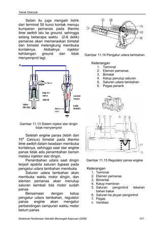 Teknik Ototronik


     Selain itu juga mengalir listrik
dari terminal 50 kunci kontak menuju
kumparan pemanas pada thermo
time switch lalu ke ground, sehingga
selang beberapa waktu (2-6 detik)
pemanas akan memanaskan bimetal
dan bimetal melengkung membuka
kontaknya.      Akibatnya     injektor
kehilangan     ground    dan     tidak             Gambar 11.14 Pengatur udara tambahan
menyemprot lagi.
                                                          Keterangan
                                                               1.   Terminal
                                                               2.   Elemen pemanas
                                                               3.   Bimetal
                                                               4.   Katup penutup saluran
                                                               5.   Saluran udara tambahan
                                                               6.   Pegas penarik




Gambar 11.13 Sistem injeksi star dingin
         tidak menyemprot

     Setelah engine panas (lebih dari
70o Celcius) bimetal pada thermo
time switch dalam keadaan membuka
kontaknya, sehingga saat star engine
panas tidak ada penambahan bensin
melalui injektor star dingin.
     Penambahan udara saat dingin                   Gambar 11.15 Regulator panas engine
terjadi apabila saluran bypass pada
pengatur udara tambahan membuka                         Keterangan
     Saluran udara tambahan akan                          1. Terminal
membuka waktu motor dingin, dan                           2. Elemen pemanas
elemen pemanas akan menutup                               3. Bimental
saluran kembali bila motor sudah                          4. Katup membran
                                                          5. Saluran    pengontrol   tekanan
panas
                                                             bahan bakar
     Bersamaan        dengan     katup                    6. Saluran ke pluyer pengontrol
pengatur udara tambahan, regulator                        7. Pegas
panas     engine      akan    mengatur                    8. Ventilasi
perbandingan campuran waktu motor
belum panas

Direktorat Pembinaan Sekolah Menengah Kejuruan (2008)                                        317
 