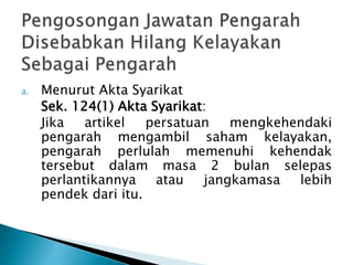 a. Menurut Akta Syarikat 
Sek. 124(1) Akta Syarikat: 
Jika artikel persatuan mengkehendaki 
pengarah mengambil saham kelayakan, 
pengarah perlulah memenuhi kehendak 
tersebut dalam masa 2 bulan selepas 
perlantikannya atau jangkamasa lebih 
pendek dari itu. 
 
