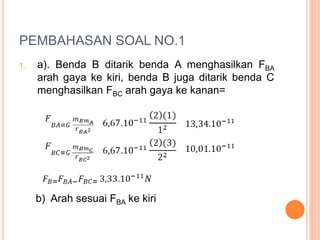 PEMBAHASAN SOAL NO.1
1. a). Benda B ditarik benda A menghasilkan FBA
arah gaya ke kiri, benda B juga ditarik benda C
menghasilkan FBC arah gaya ke kanan=
b) Arah sesuai FBA ke kiri
 