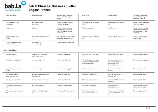 phrases business letter english french french business letter