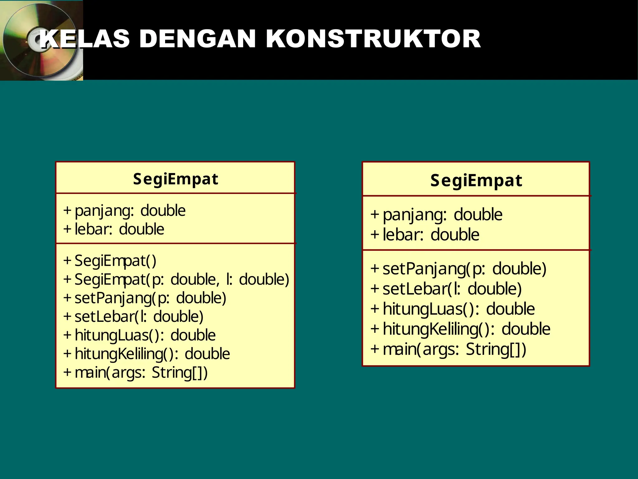 KELAS DENGAN KONSTRUKTOR
KELAS DENGAN KONSTRUKTOR
SegiEmpat
+ panjang: double
+ lebar: double
+ SegiEm
pat()
+ SegiEm
pat(p: double, l: double)
+ setPanjang(p: double)
+ setLebar(l: double)
+ hitungLuas(): double
+ hitungKeliling(): double
+ m
ain(args: String[])
SegiEmpat
+ panjang: double
+ lebar: double
+ setPanjang(p: double)
+ setLebar(l: double)
+ hitungLuas(): double
+ hitungKeliling(): double
+ m
ain(args: String[])
 