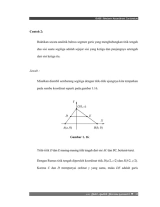 BAB I Sistem Koordinat Cartesius 
C(0, c) 
Y 
D E 
X 
A(a, 0) B(b, 0) 
Gambar 1. 16: 
2/21/!Cvluj!Bobmjujl!Ufpsfnb!Hfpnfusj!! –!!38!! 
Contoh 2: 
Buktikan secara analitik bahwa segmen garis yang menghubungkan titik tengah 
dua sisi suatu segitiga adalah sejajar sisi yang ketiga dan panjangnya setengah 
dari sisi ketiga itu. 
Jawab : 
Misalkan diambil sembarang segitiga dengan titik-titik ujungnya kita tempatkan 
pada sumbu koordinat seperti pada gambar 1.16. 
Titik-titik D dan E masing-masing titik tengah dari sisi AC dan BC, berturut-turut. 
Dengan Rumus titik tengah diperoleh koordinat titik D(a/2, c/2) dan E(b/2, c/2). 
Karena C dan D mempunyai ordinat y yang sama, maka DE adalah garis 
 