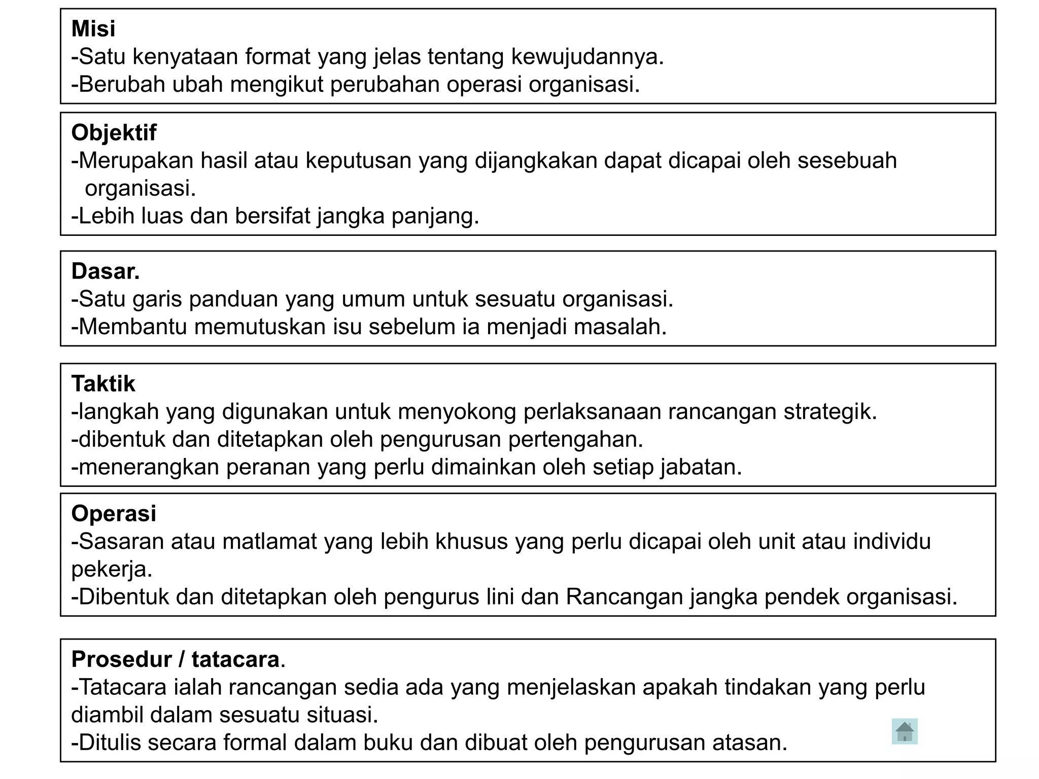 Misi
-Satu kenyataan format yang jelas tentang kewujudannya.
-Berubah ubah mengikut perubahan operasi organisasi.

Objektif
-Merupakan hasil atau keputusan yang dijangkakan dapat dicapai oleh sesebuah
 organisasi.
-Lebih luas dan bersifat jangka panjang.

Dasar.
-Satu garis panduan yang umum untuk sesuatu organisasi.
-Membantu memutuskan isu sebelum ia menjadi masalah.

Taktik
-langkah yang digunakan untuk menyokong perlaksanaan rancangan strategik.
-dibentuk dan ditetapkan oleh pengurusan pertengahan.
-menerangkan peranan yang perlu dimainkan oleh setiap jabatan.

Operasi
-Sasaran atau matlamat yang lebih khusus yang perlu dicapai oleh unit atau individu
pekerja.
-Dibentuk dan ditetapkan oleh pengurus lini dan Rancangan jangka pendek organisasi.

Prosedur / tatacara.
-Tatacara ialah rancangan sedia ada yang menjelaskan apakah tindakan yang perlu
diambil dalam sesuatu situasi.
-Ditulis secara formal dalam buku dan dibuat oleh pengurusan atasan.
 